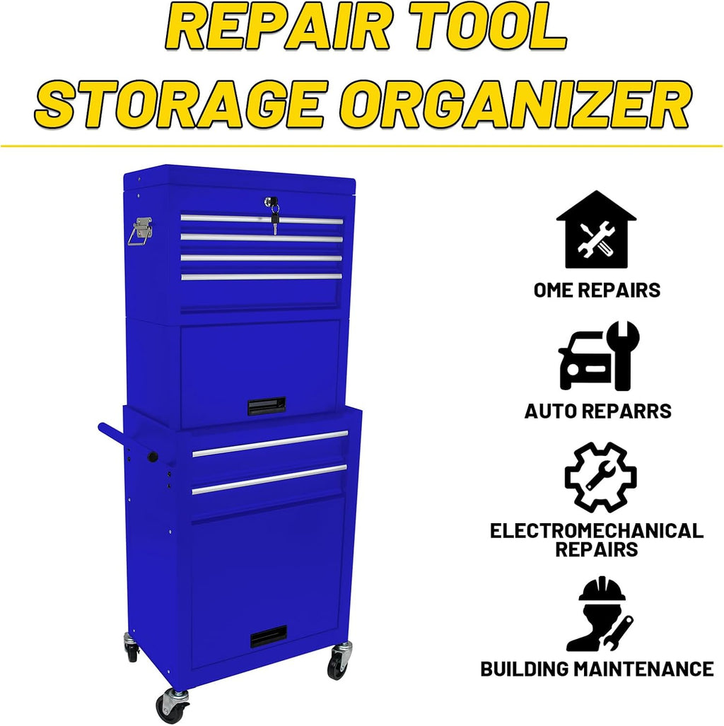 Rolling Tool Chest with 6 Drawers, Lockable Steel Tool Cabinet on Wheels with Detachable Top Box, Garage Workshop Storage Organizer, 2-in-1 Tool Box
