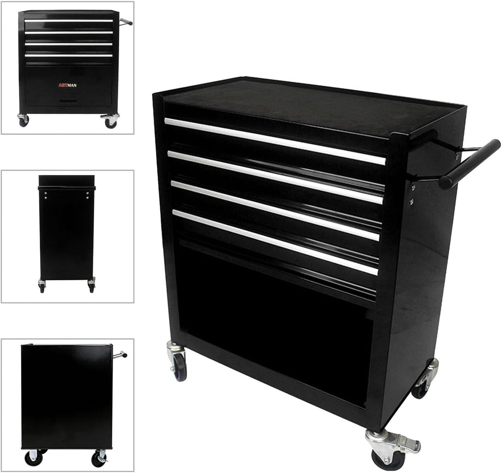 4-Drawer Tool Cart on Wheels, Drawers Rolling Tool Chest with 1 Cabinet, Mobile Trolley Organizer Tools Box with Locking Wheels & Ball Bearing Drawers for Garage,Warehouse,Repair Shop (Black)