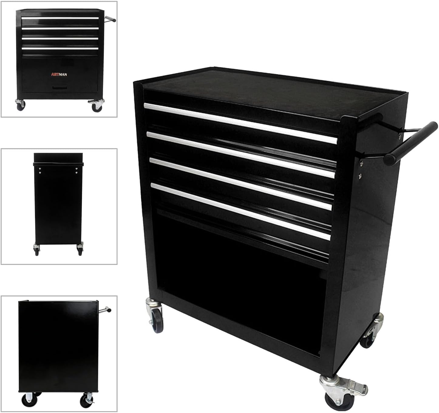 4-Drawer Tool Cart on Wheels, Drawers Rolling Tool Chest with 1 Cabinet, Mobile Trolley Organizer Tools Box with Locking Wheels & Ball Bearing Drawers for Garage,Warehouse,Repair Shop (Black)