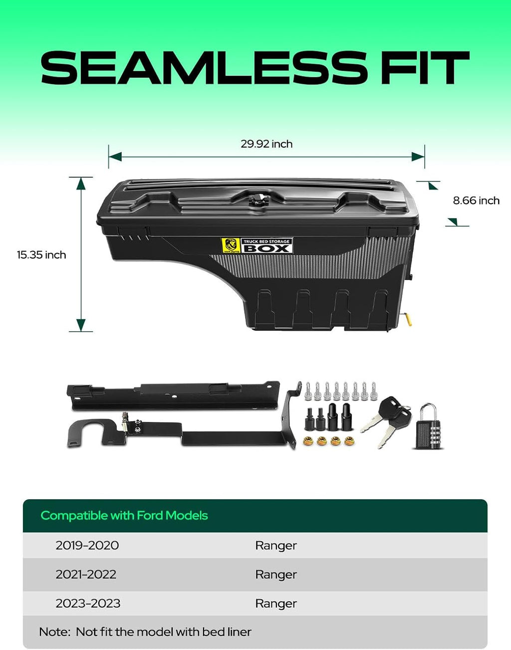 YHTAUTO Truck Bed Storage Tool Box Lockable Compatible with Ford Ranger 2019 2020 2021 2022 2023, Passenger Side, Not Fit the Model with Bed Liner, Swing Waterproof Wheel Well Toolbox