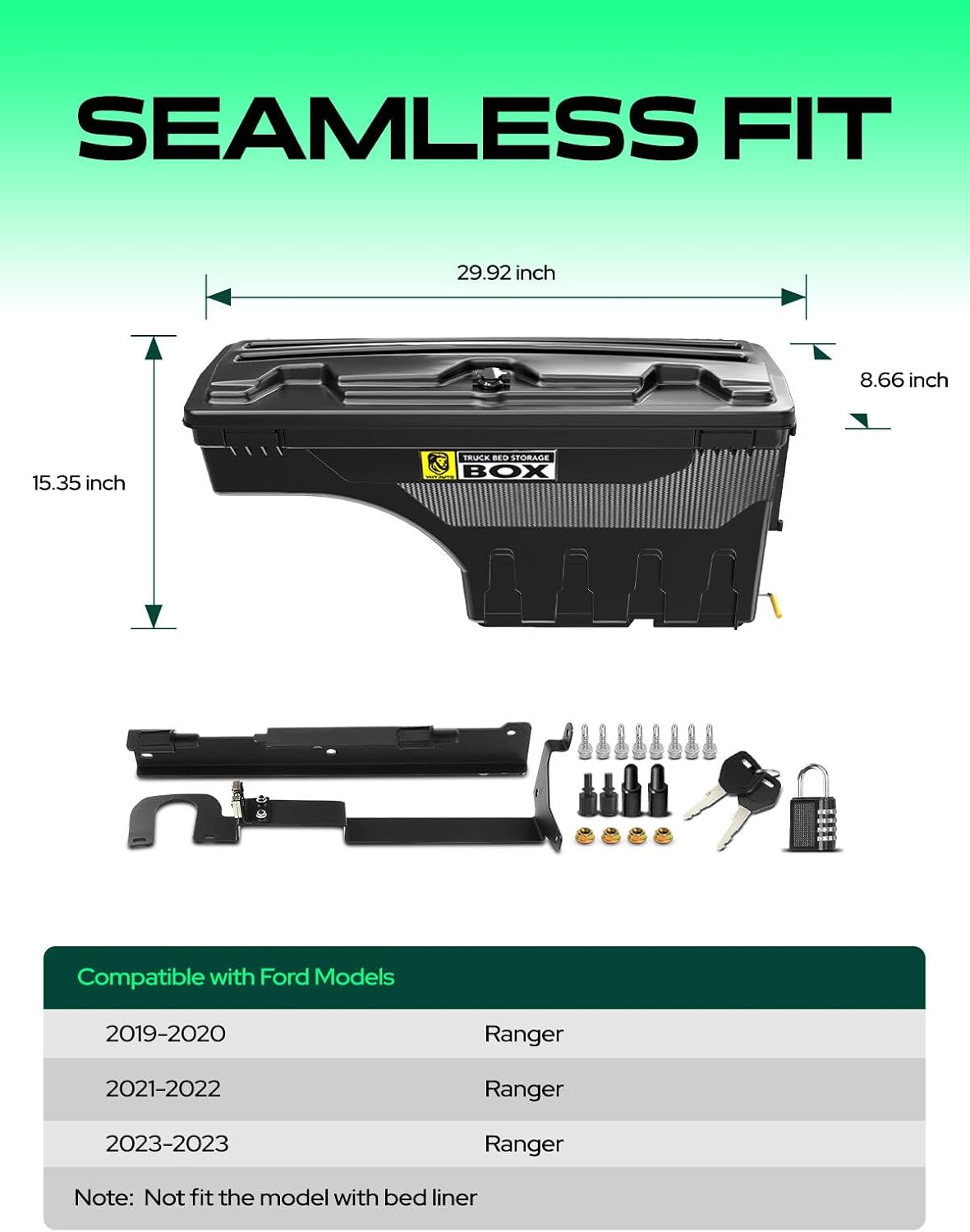YHTAUTO Truck Bed Storage Tool Box Lockable Compatible with Ford Ranger 2019 2020 2021 2022 2023, Passenger Side, Not Fit the Model with Bed Liner, Swing Waterproof Wheel Well Toolbox