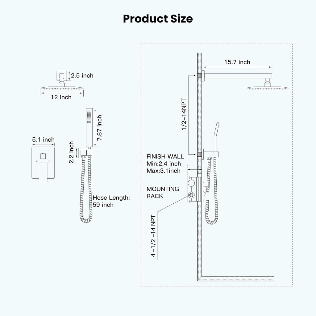 gotonovo Rainfall Bathroom Shower System Rain Shower Head and Handle Set Wall Mounted Shower Complete Combo Solid Brass Pressure Balancing Shower Mixer Valve 12 Inch Brushed Gold