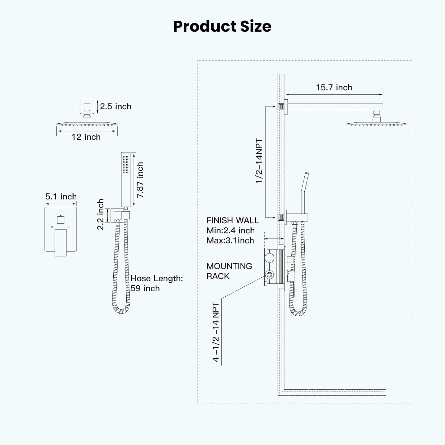 gotonovo Rainfall Bathroom Shower System Rain Shower Head and Handle Set Wall Mounted Shower Complete Combo Solid Brass Pressure Balancing Shower Mixer Valve 12 Inch Brushed Gold