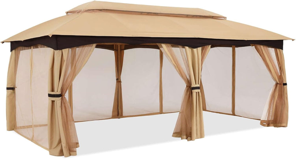 ABCCANOPY Outdoor Patio Gazebo 10x20 - Double Roof Canopy with Mosquito Netting for Backyard, Deck, Garden, Lawn, Beige