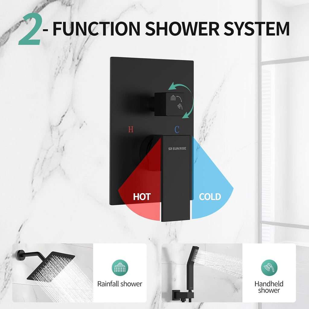 SR SUN RISE Shower Faucet - 8 Inch Shower System with Rain Shower Head and Handheld Spray - Shower Faucet Trim Repair Kits with Diverter Valve - All Metal Shower Set - Matte Black