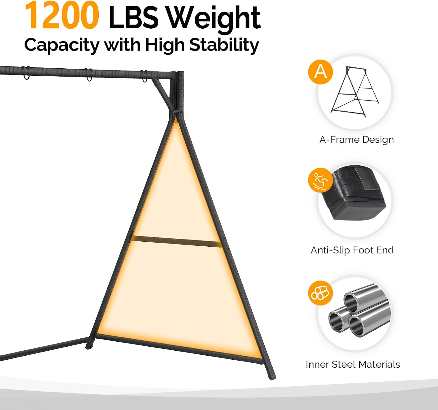 VINGLI Upgraded 7 FT Rattan Porch Swing Frame, Heavy Duty 1200 LBS Weight Capacity Swing Stand for Outdoors, Black