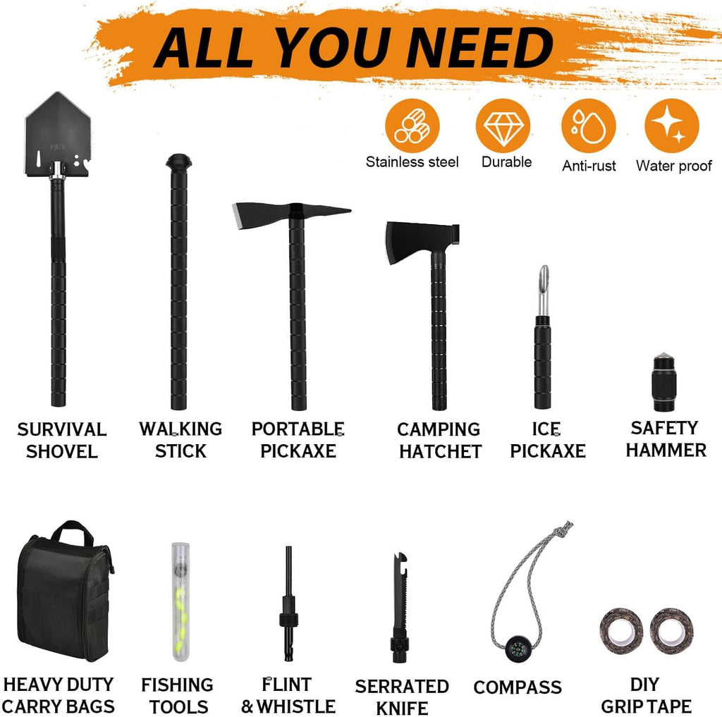 IUNIO Survival Off-Roading Tool Kit, 19 in 1 Folding Shovel, Camping Axe, Multitool, Pickaxe, with Carrying Bag, for Outdoor, Car Emergency (Upgrade Black)