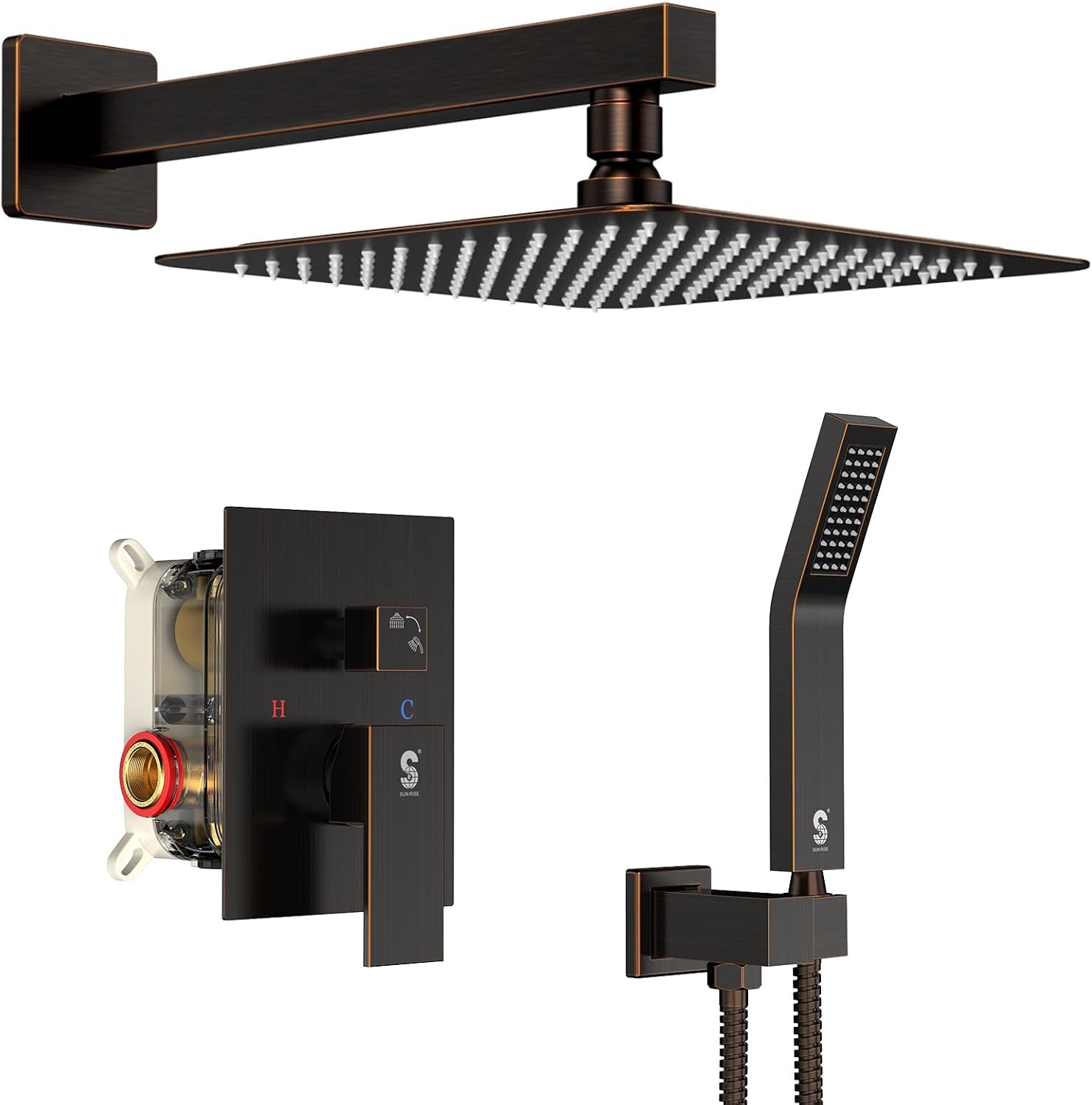SR SUN RISE Oil Rubbed Bronze Shower System 12 Inches Brass Bathroom Luxury Rain Mixer Shower Combo Set Wall Mounted Rainfall Shower Head System Shower Faucet Rough-in Valve Body and Trim Included