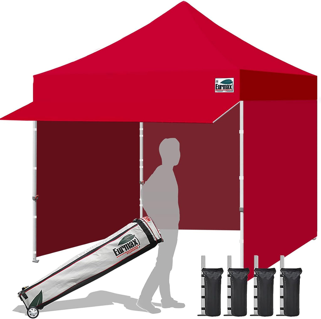 Eurmax USA 10x10 Pop Up Canopy,Commercial Tent with Patented No-Tip Rolling Bag,24sqft Extension Awning & 4 Zippered Removable Walls,UV & Water Resistant,Heavy Duty Instant Shelter Gazebo,Red