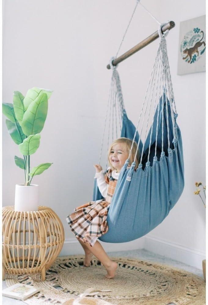 Blue Hammock Chair Swing, Bohemian Hanging Chair for Bedroom & Patio, 53' L x 33' W, Cozy Swinging Reading Chair