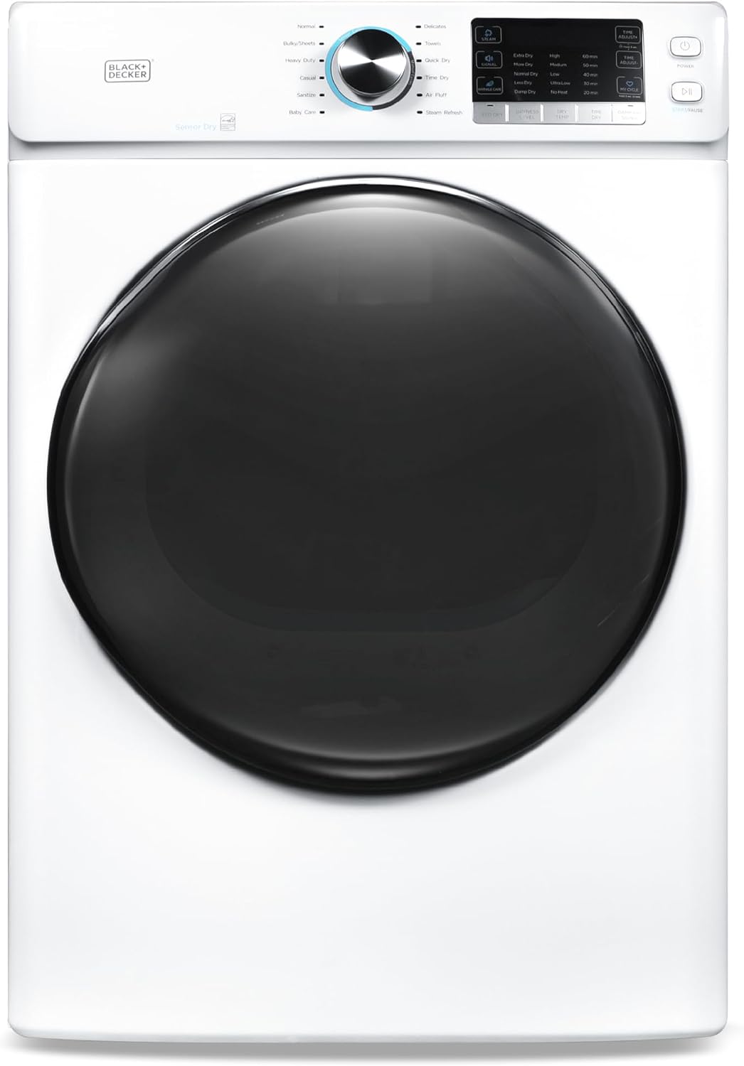 BLACK+DECKER 8.0 Cu. Ft. Electric Front Load Dryer with Steam, Clothes Dryer with LED Display, 12 Cycle Selections, ENERGY STAR, 240V Machine Requires Professional Installation, BFLD80ME, White
