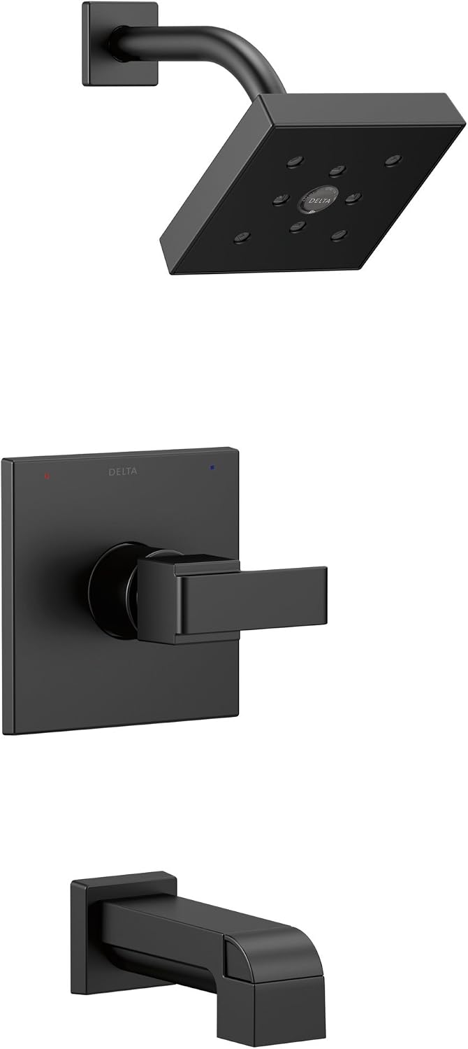 Delta Faucet Ara 14 Series Single-Function Tub and Shower Trim Kit with Single-Spray H2Okinetic Shower Head, Matte Black T14467-BL (Valve Not Included)