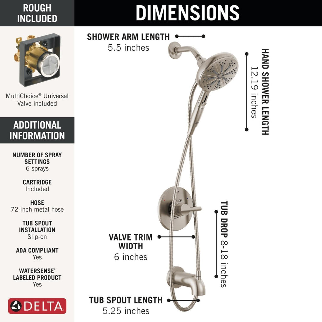 Delta Nicoli 14 Series Brushed Nickel Bathtub Shower Faucet Set with Handheld Shower Head, Valve Trim Kit, Stainless 144749-SS-HS (Valve Included)