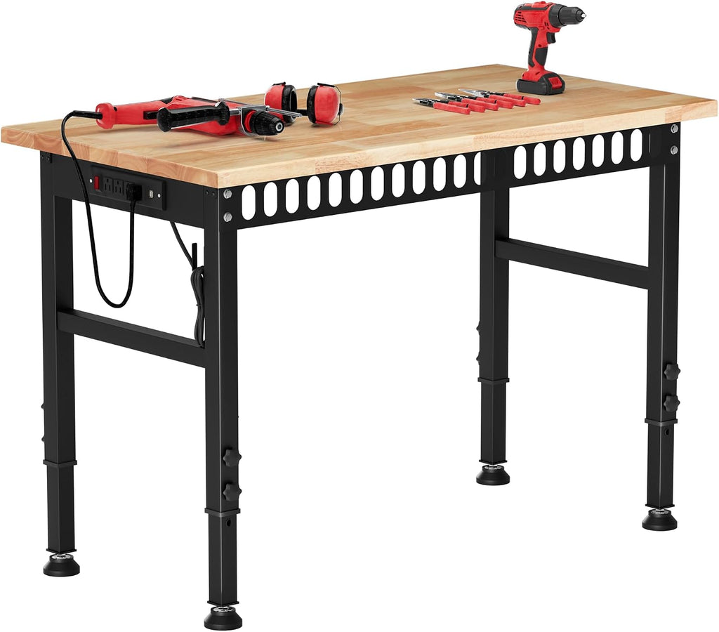 48'' Adjustable Workbench, 2000 LBS Load Capacity Heavy Duty Workstation with Power Outlets, Rubber Wood Top Worktable for Garage, Office,Workshop, Commercial