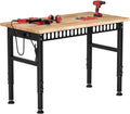 48'' Adjustable Workbench, 2000 LBS Load Capacity Heavy Duty Workstation with Power Outlets, Rubber Wood Top Worktable for Garage, Office,Workshop, Commercial