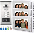 3 Units Apartment Video Intercom System, 7 Inch Monitor Wired Video Doorbell Door Phone Kits, Indoor Outdoor IR Camera, ID Keyfob Unlock, Monitoring, 3-Monitors for Home Apartment