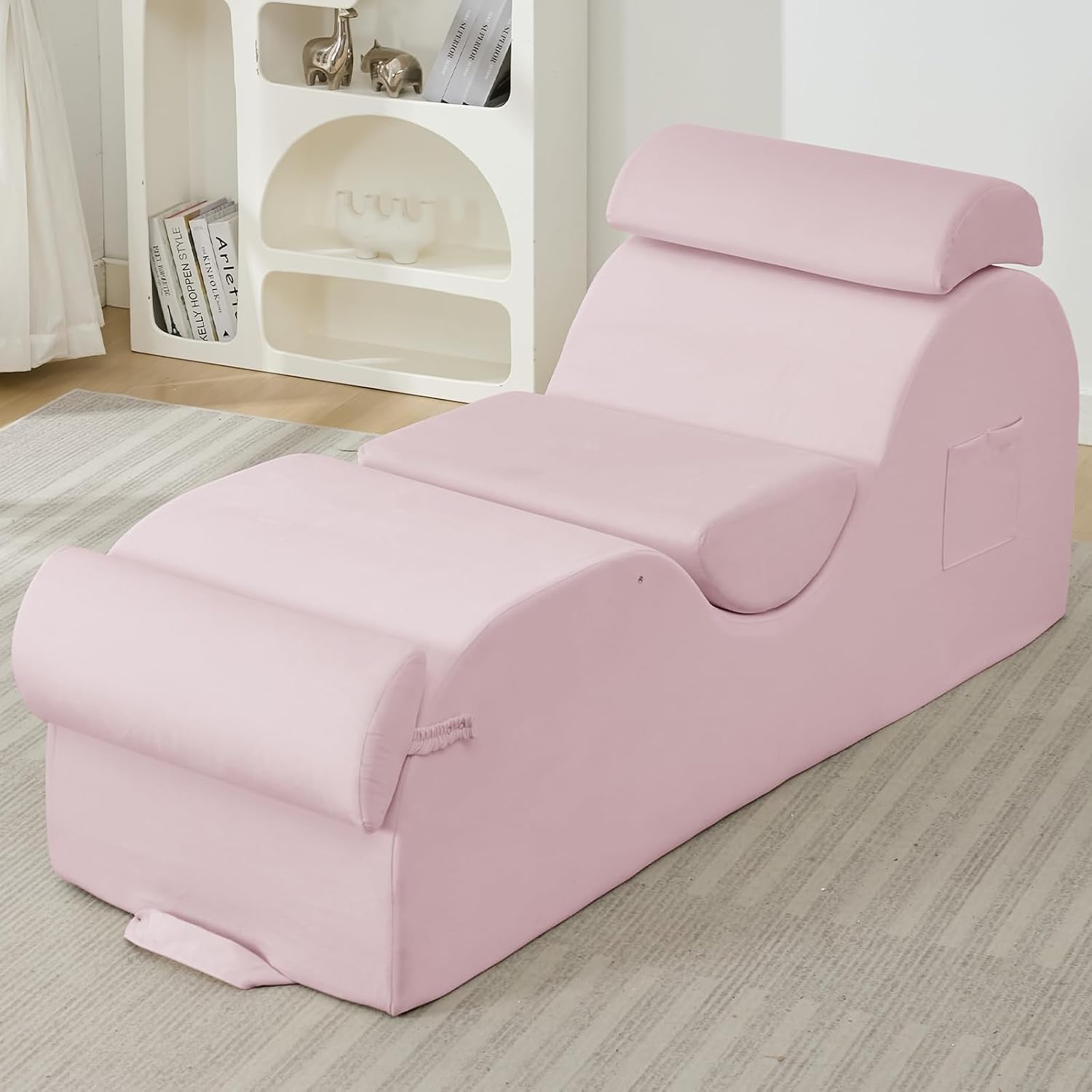 Ijuicy 25 Inch Yoga Stretching Recliner Chair, Soft Velvet Household Workout Training Chair, Indoor Leisure Lounge Chair with Headrest and Movable Footrest for Body Stretching & Daily Relaxation, Pink