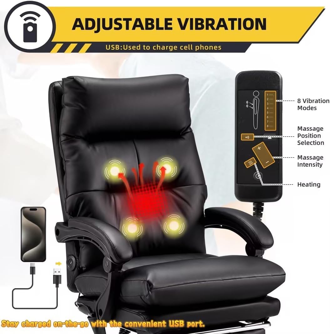 HOMREST Ergonomic Heated Reclining Office Chair with USB Charging, 4-Point Vibration Massage, Adjustable Armrests, and Footrest Premium Leather Desk Chair for Home and Office - Black