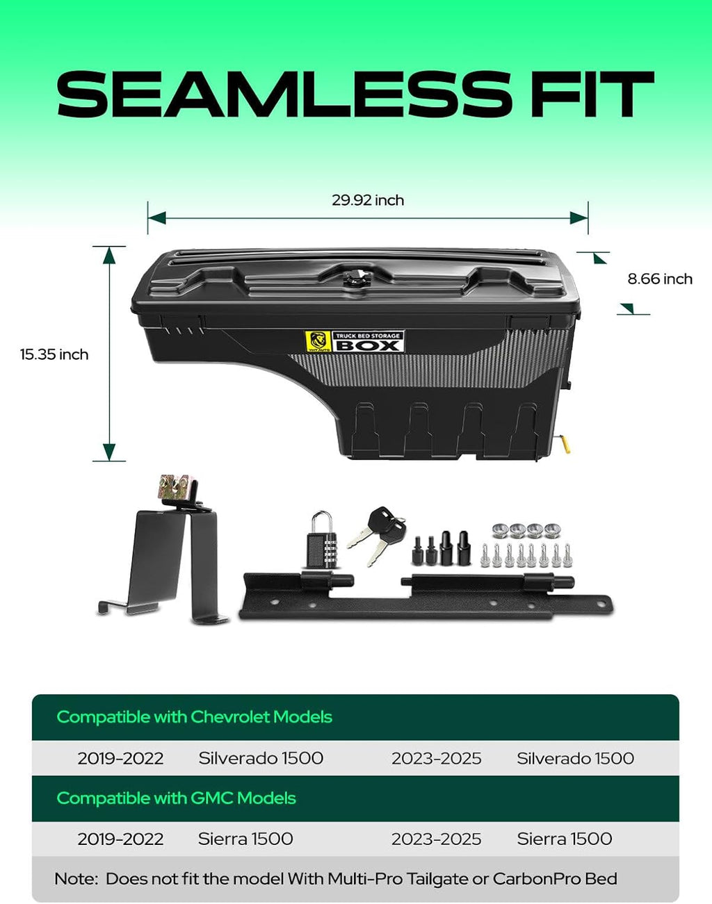 YHTAUTO Passenger Side Truck Bed Storage Tool Box Lockable Fits 2019-2025 Chevrolet Silverado GMC Sierra 1500, W/O Multi-Pro Tailgate or CarbonPro Bed, Swing Waterproof Wheel Well ToolBox