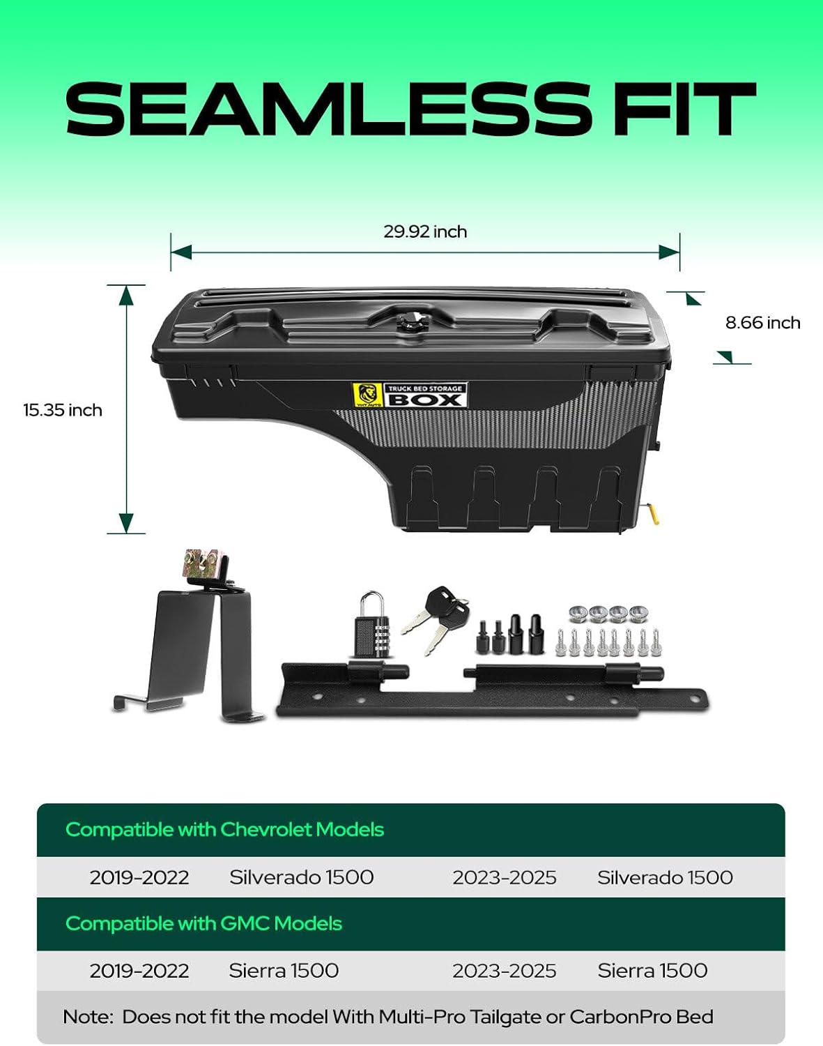 YHTAUTO Passenger Side Truck Bed Storage Tool Box Lockable Fits 2019-2025 Chevrolet Silverado GMC Sierra 1500, W/O Multi-Pro Tailgate or CarbonPro Bed, Swing Waterproof Wheel Well ToolBox