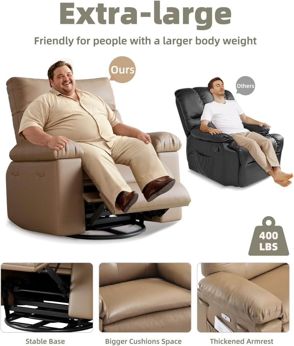 GarveeHome Recliner Chair, 360° Swivel Rocker Recliners with Heat & Massage, Soft Lazy Boy Recliner Chair with 2 Cup Holders and Side Pocket for Living Room Bedrooms and Nurseries (Modern, Tan)