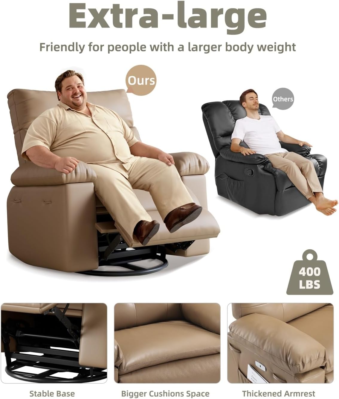GarveeHome Recliner Chair, 360° Swivel Rocker Recliners with Heat & Massage, Soft Lazy Boy Recliner Chair with 2 Cup Holders and Side Pocket for Living Room Bedrooms and Nurseries (Modern, Tan)