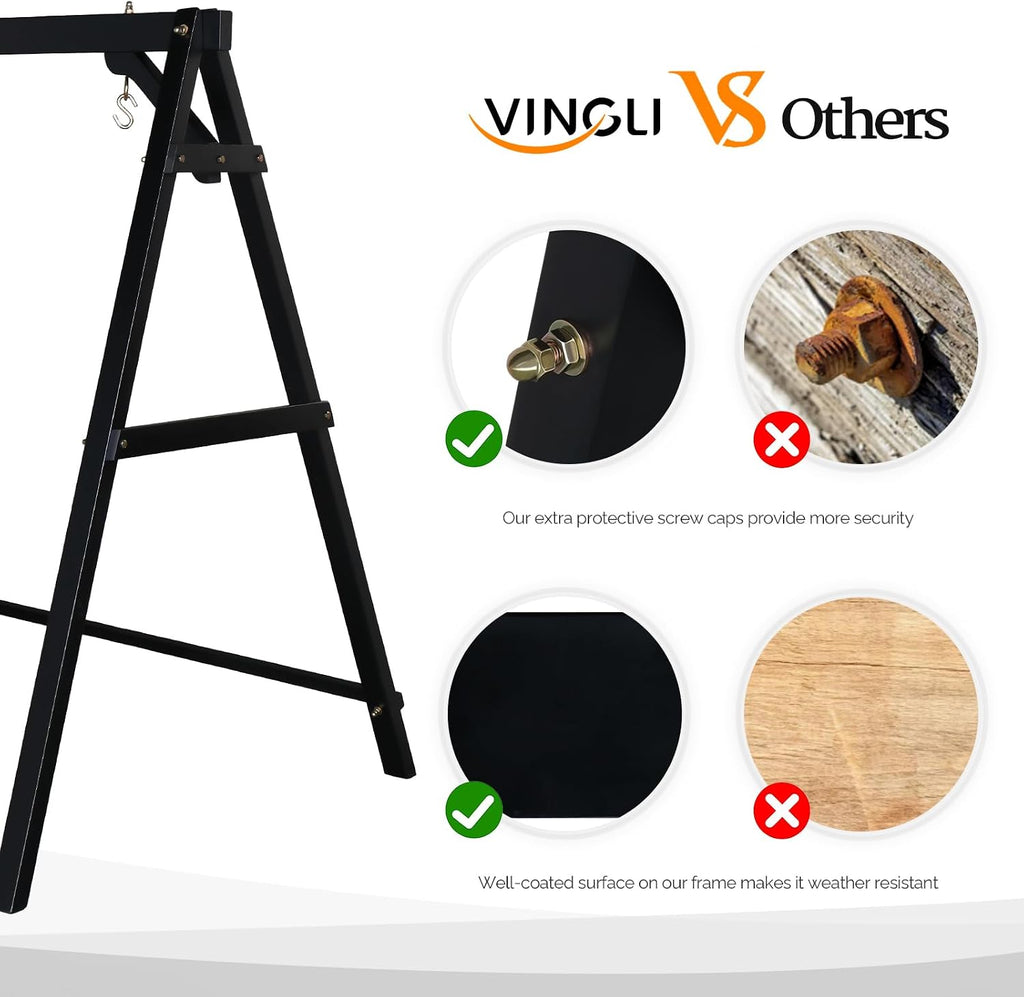VINGLI 5 FT Outdoor Porch Swing with Frame, Heavy Duty 880 LBS Patio Hanging Swing with Stand for Backyard & Garden, Black