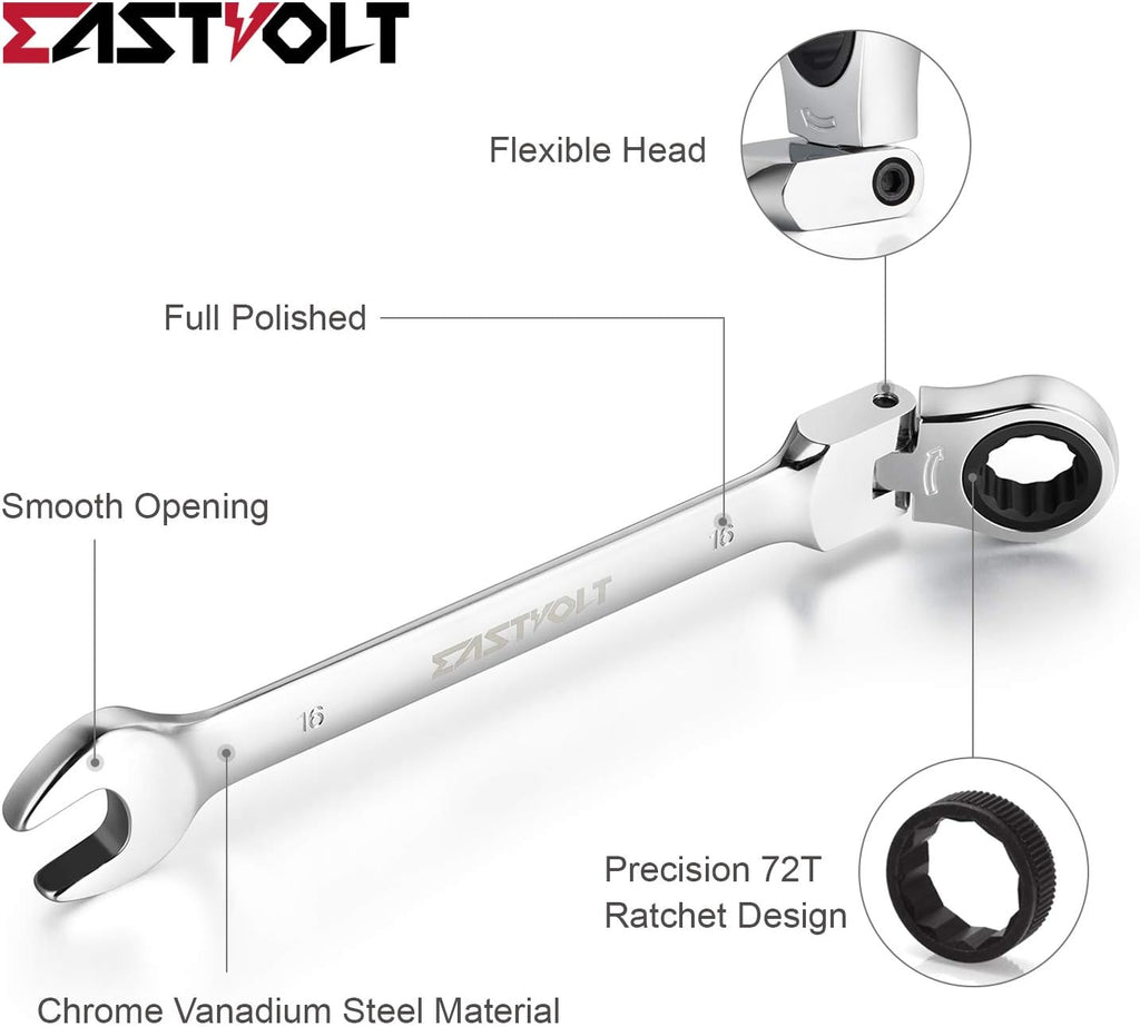Eastvolt 12-Piece Flex-Head Ratcheting Wrench Set, Metric 8mm-19mm, Combination Ended Spanner kits, Chrome Vanadium Steel with Toolbox, EVHT1201 (Pack of 5)