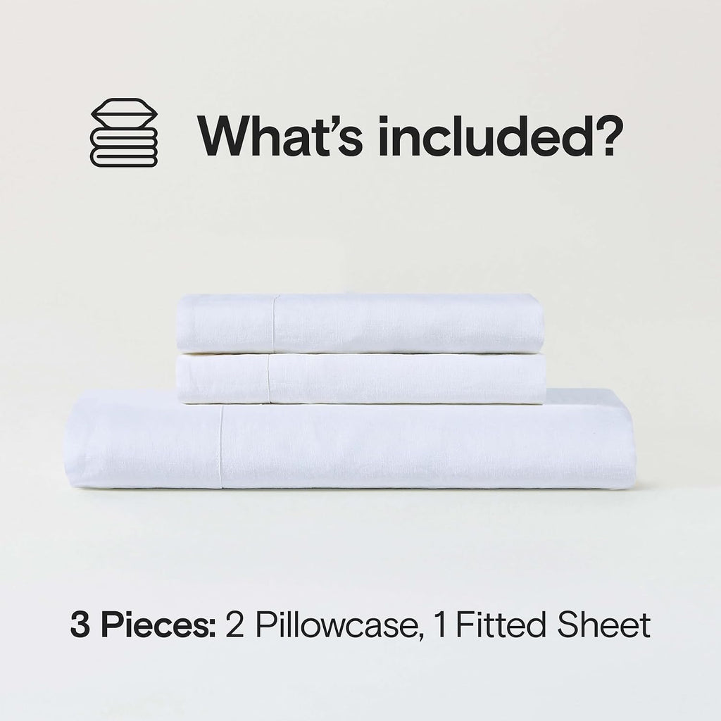 Sijo Stone Washed Organic French Linen Bed Sheet Set, GOTS Certified Organic, Best Cooling Linen Sheet Award by Sleep Foundation, 3 Piece - 2 Pillowcases and 1 Fitted Sheet (Snow, Cal King)