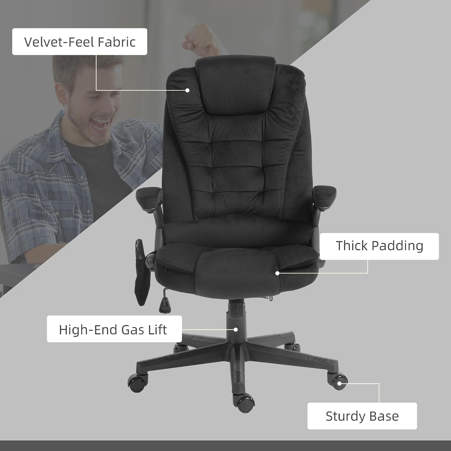 HOMCOM Executive Office Chair with 6 Points Vibration Massage and Heated Lumbar Support, Velvet High Back Computer Chair with Reclining Backrest, Tilt Function and Padded Armrests, Black