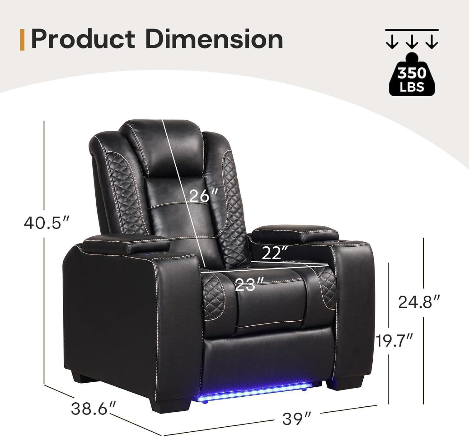 ANJ Power Recliner Home Theater Seating, Electric Recliner Chair with Adjustable Headrest,PU Leather Dual Motor Movie Reclining Chairs with Cup Holders LED Lights,USB Port,Hidden Arm Storage (Black)