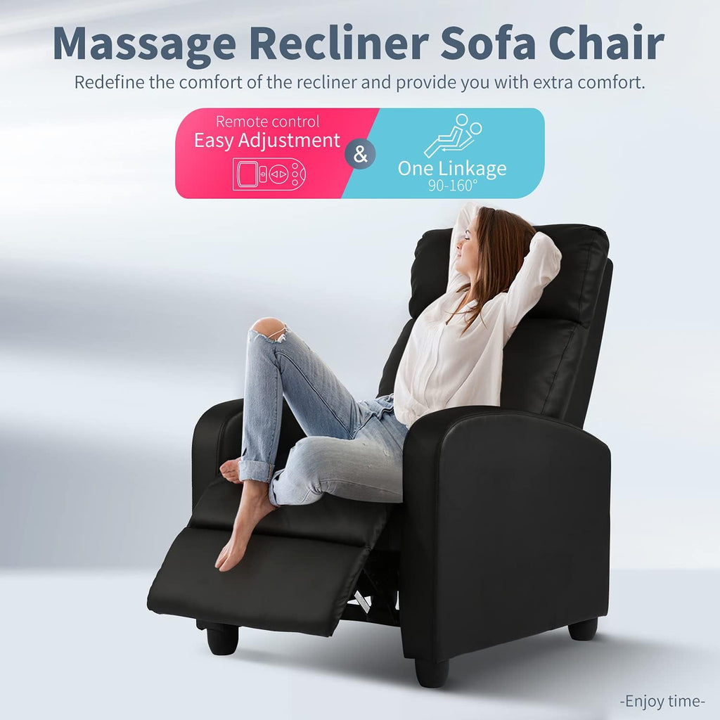 HCY Massage Recliner Chair Padded Wide Seat Sofa Wingback Single Sofa with Footrest PU Leather for Living Room,Home Theater(Black)
