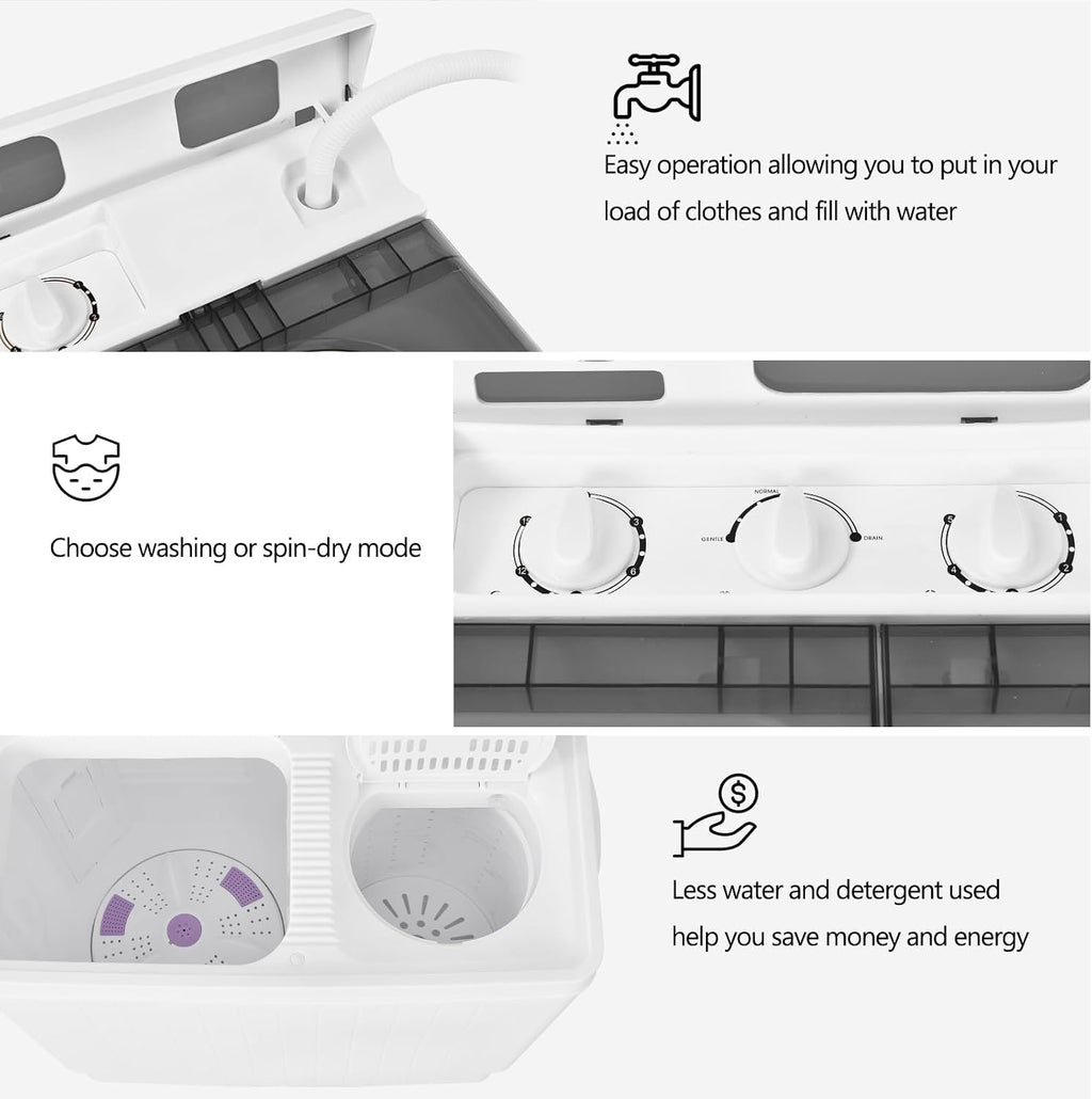 COSTWAY Portable Washing Machine, Twin Tub 26 Lbs Capacity, 18 Lbs Washer and 8 Lbs Spinner, Compact Washer with Control Knobs, Timer Function, Drain Pump, Laundry washer for Apartment RV, Grey