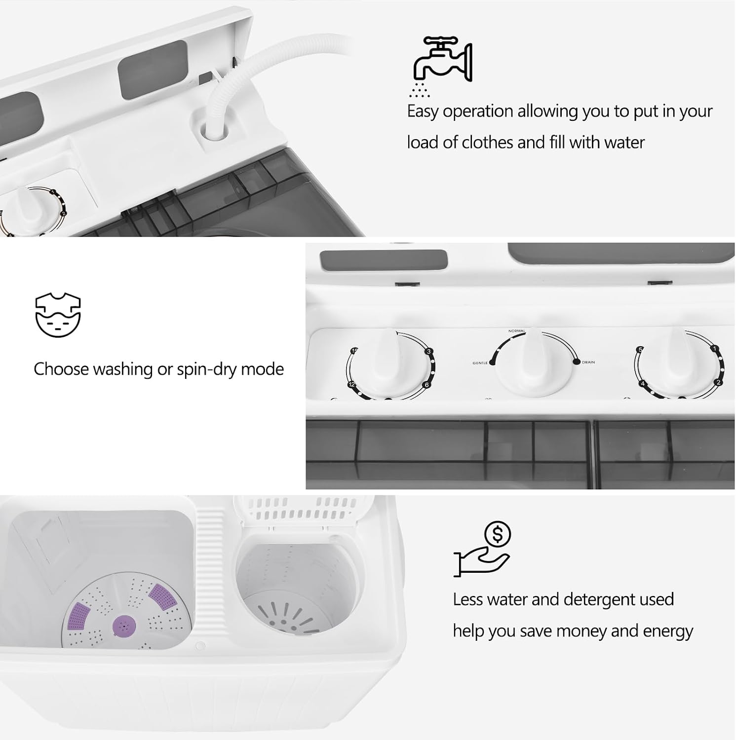 COSTWAY Portable Washing Machine, Twin Tub 26 Lbs Capacity, 18 Lbs Washer and 8 Lbs Spinner, Compact Washer with Control Knobs, Timer Function, Drain Pump, Laundry washer for Apartment RV, Grey