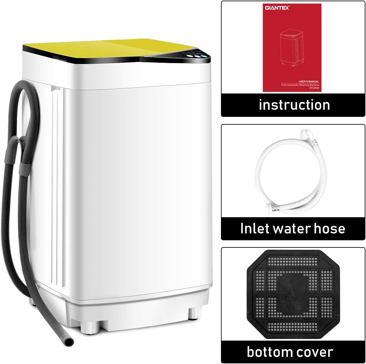Giantex Full-Automatic Washing Machine Portable Washer and Spin Dryer 7.7lbs Capacity Compact Laundry Washer with Built-in Barrel Light Drain Pump and Long Hose for Apartments Camping (White & Yellow)