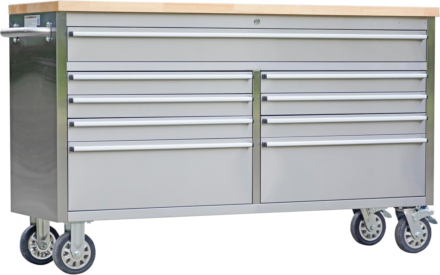 61 Inch Heavy Duty Rolling Tool Chest & Mobile Workbench with 9 Drawers, Rubber Wood Tabletop, Key Locking System and Drawer Liners, Steel Storage Cabinet for Garage, Workshop,Silver
