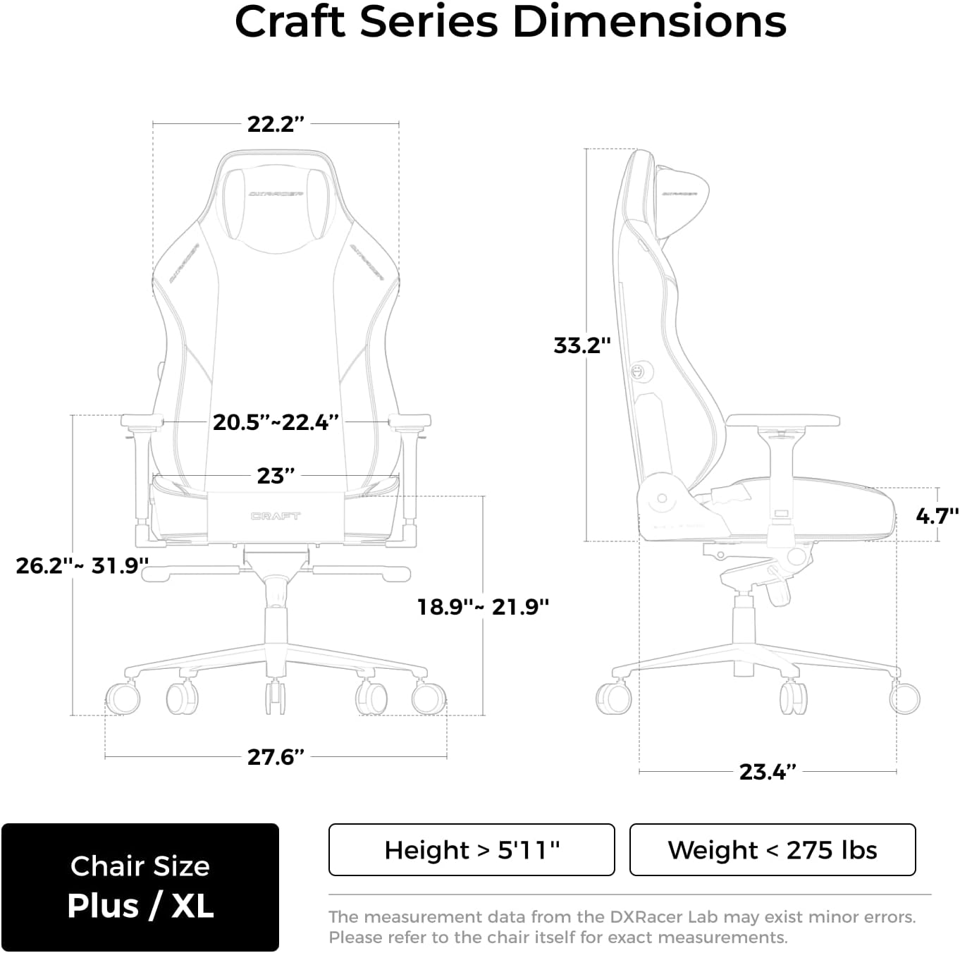 DXRacer Craft XL Video Gaming Chair for Adults, Ergonomic Office Reclining Computer Chair with Magnetic Head Pillow and Lumbar Support, Racing Style Height Adjustable (Woven Fabric, Black)