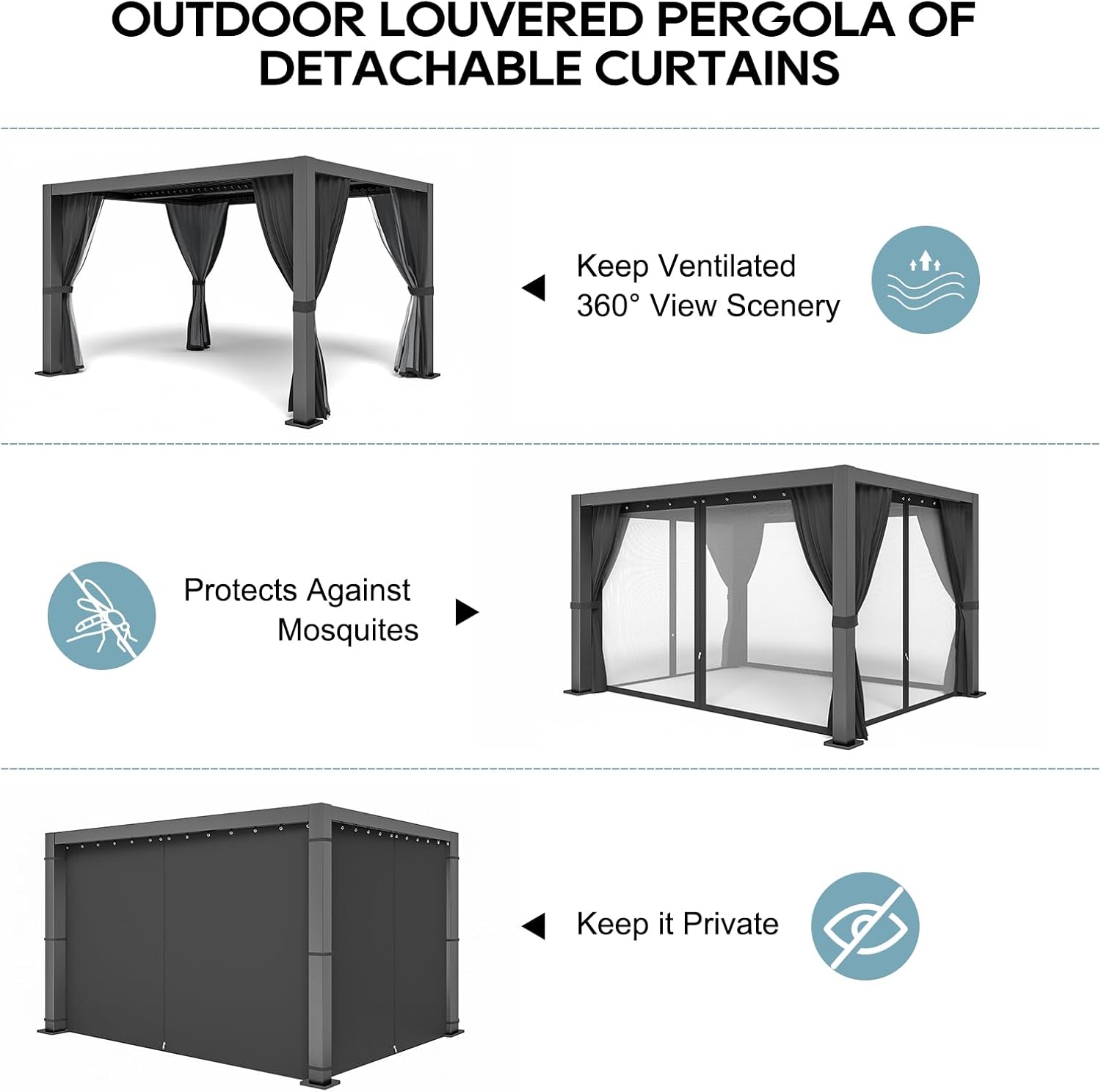 10' ×13' Louvered Pergola, Aluminum Outdoor Pergola with Privacy Curtains and Netting, Adjustable Roof Hardtop Gazebo, Waterproof Metal Patio Cover with Integrated Drainage System for Deck, Backyard