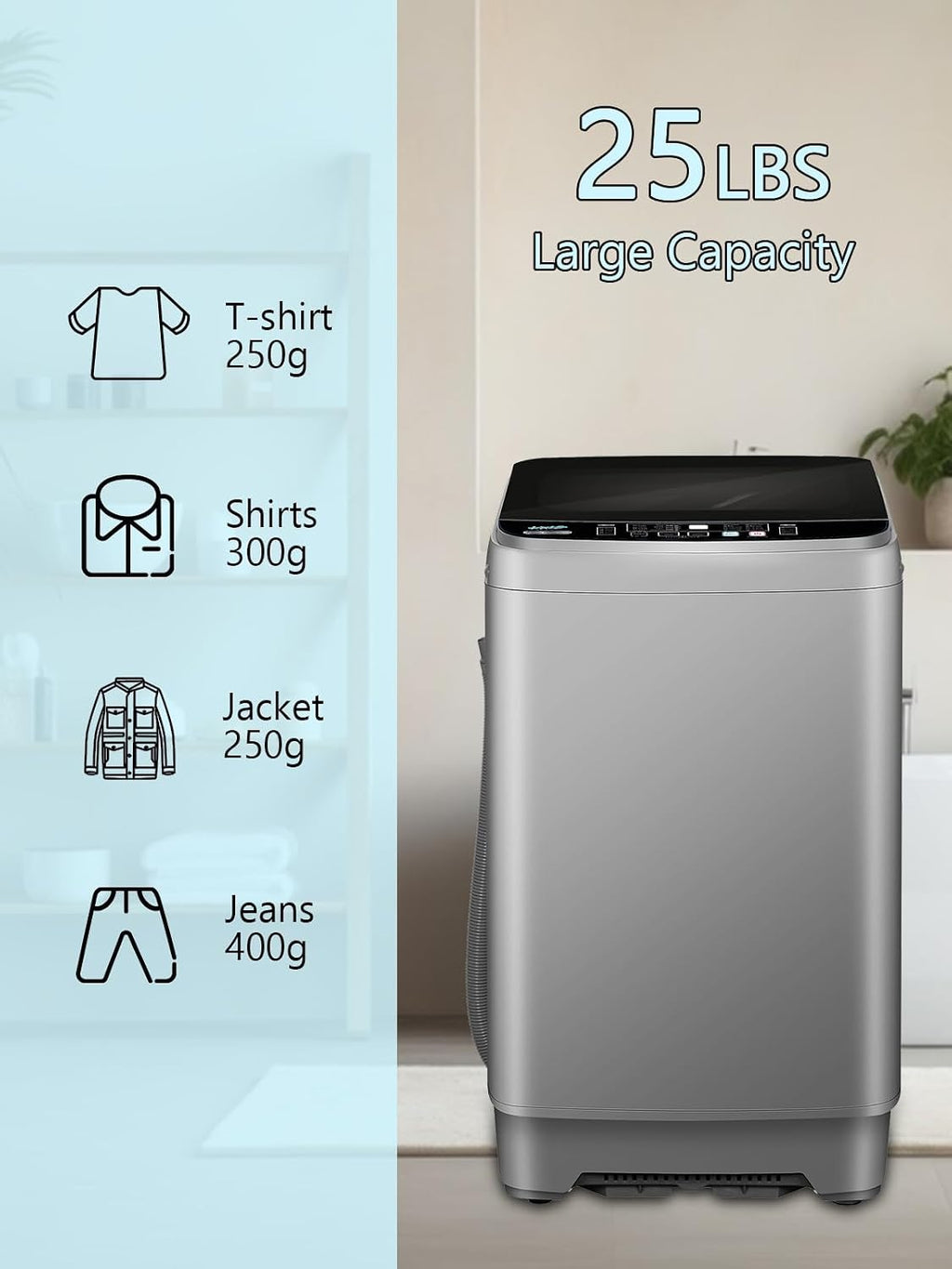 KRIB BLING Full Automatic Washing Machine with LED Display, 25 lbs Washer Drain Pump, 10 Programs & 8 Water Levels Selections, Ideal for Apartment, Dorm, Grey