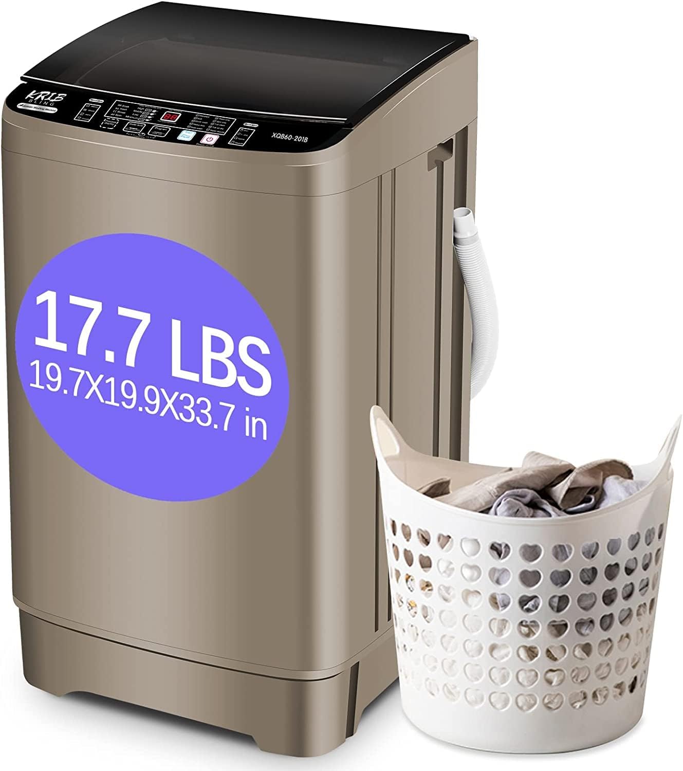 KRIB BLING Full-Automatic Washing Machine with Drain Pump, 17.7 lbs Compact Washer, 10 Wash Program & 8 Water Level, Ideal for Apartment, Dorm, RV, Gold (KB02-GOLD6)