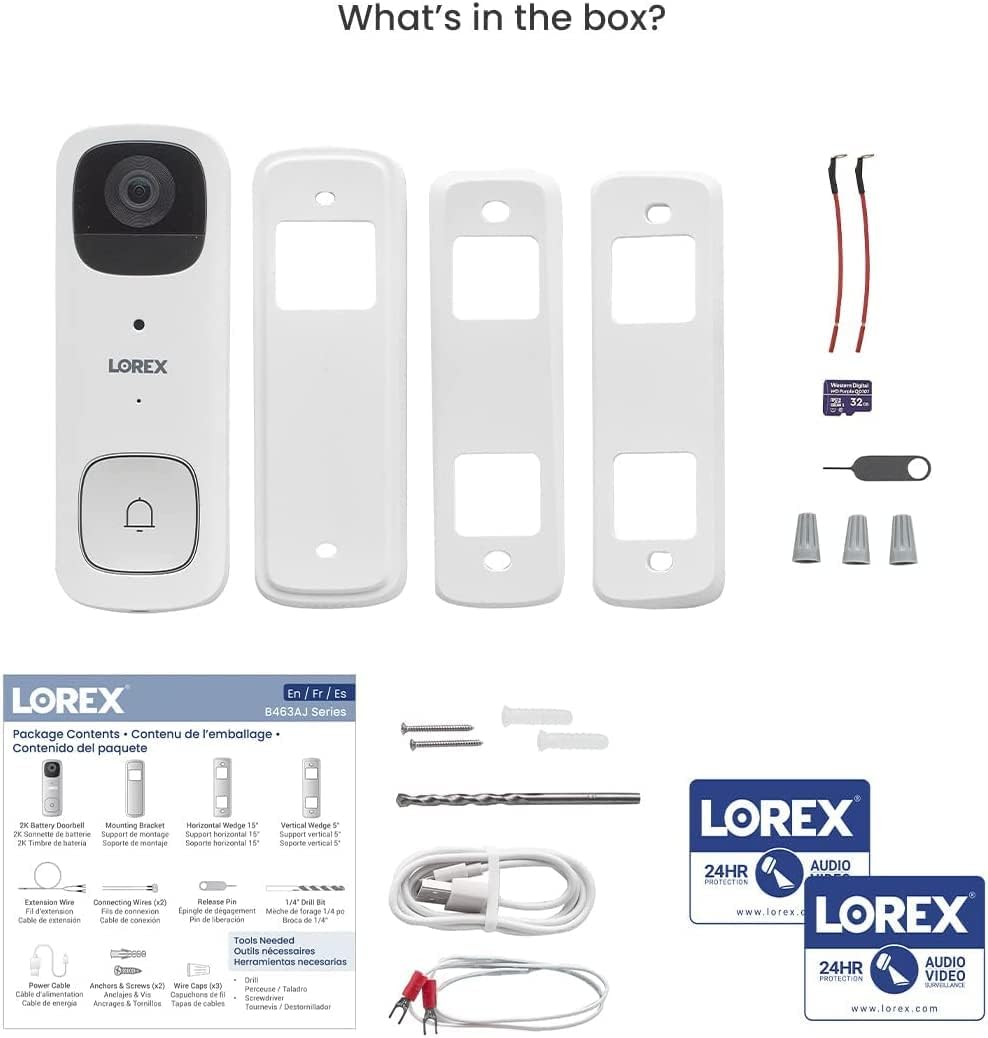 Lorex 2K Wireless WiFi Smart Video Doorbell Camera | No Subscription Fee | 32GB MicroSD Card Included | Smart Security Lighting | Night Vision | Battery-Powered | Motion Detection | White