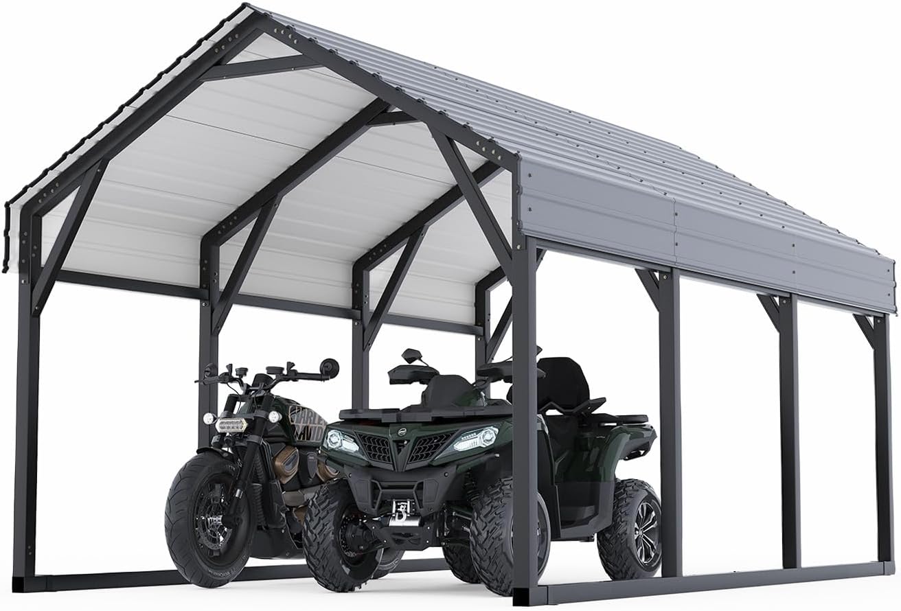 GarveeLife 12x13 ft Metal Carport Shed, Reinforced Frame and Steel Roof for All-Weather Use, Permanent Shelter for Cars, Motorcycles, ATVs, or Boats
