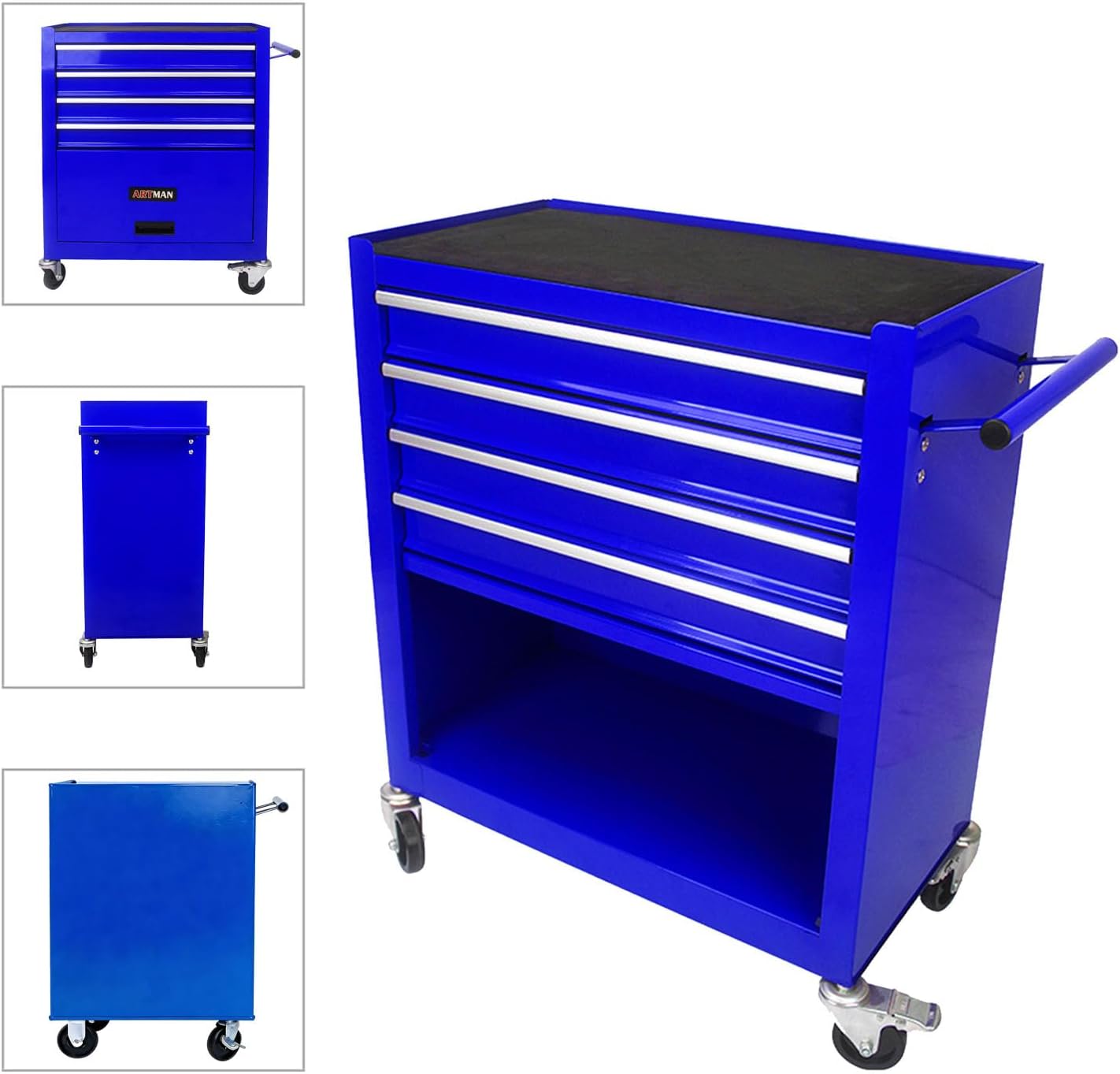 4-Drawer Tool Cart on Wheels, Drawers Rolling Tool Chest with 1 Cabinet, Mobile Trolley Organizer Tools Box with Locking Wheels & Ball Bearing Drawers for Garage,Warehouse,Repair Shop (Blue)