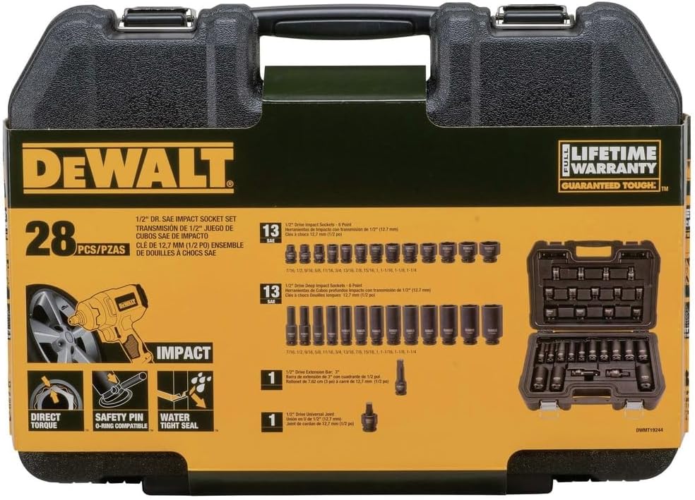 DEWALT Impact Socket Set, SAE, Combination Set, 1/2-Inch Drive, 28-Piece (DWMT19244)