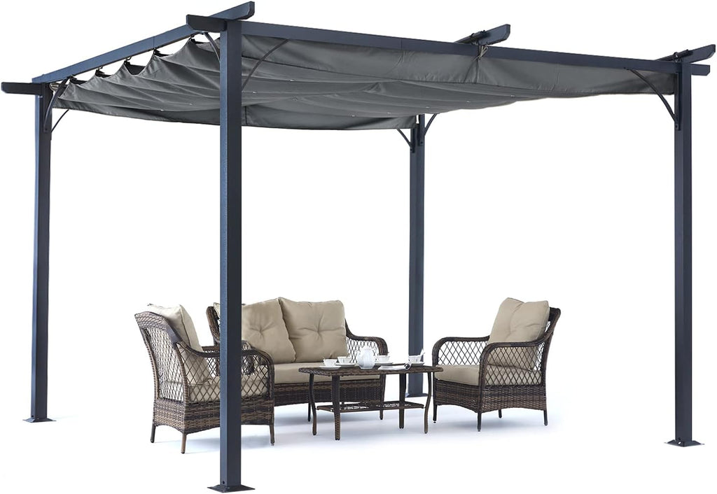 Patio Pergola with Retractable Shade - ABCCANOPY 10x10 Outdoor Retractable Pergola with Sun Shade Aluminum Shelter for Garden, Deck, Lawn, Porch & Backyard (Dark Gray)