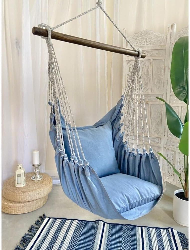 Blue Hammock Chair Swing, Bohemian Hanging Chair for Bedroom & Patio, 53' L x 33' W, Cozy Swinging Reading Chair