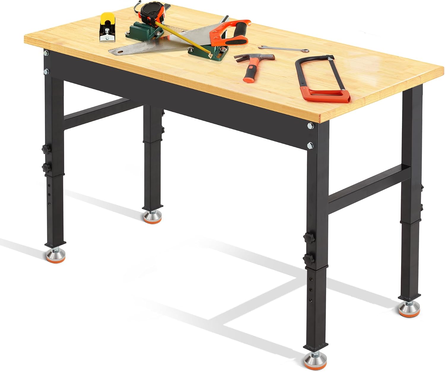 48 * 20' Adjustable Workbench, 2000 LBS Load Capacity Heavy Duty Workstation Without Power Outlets, Rubber Wood Top Worktable for Garage, Office,Workshop, Commercial