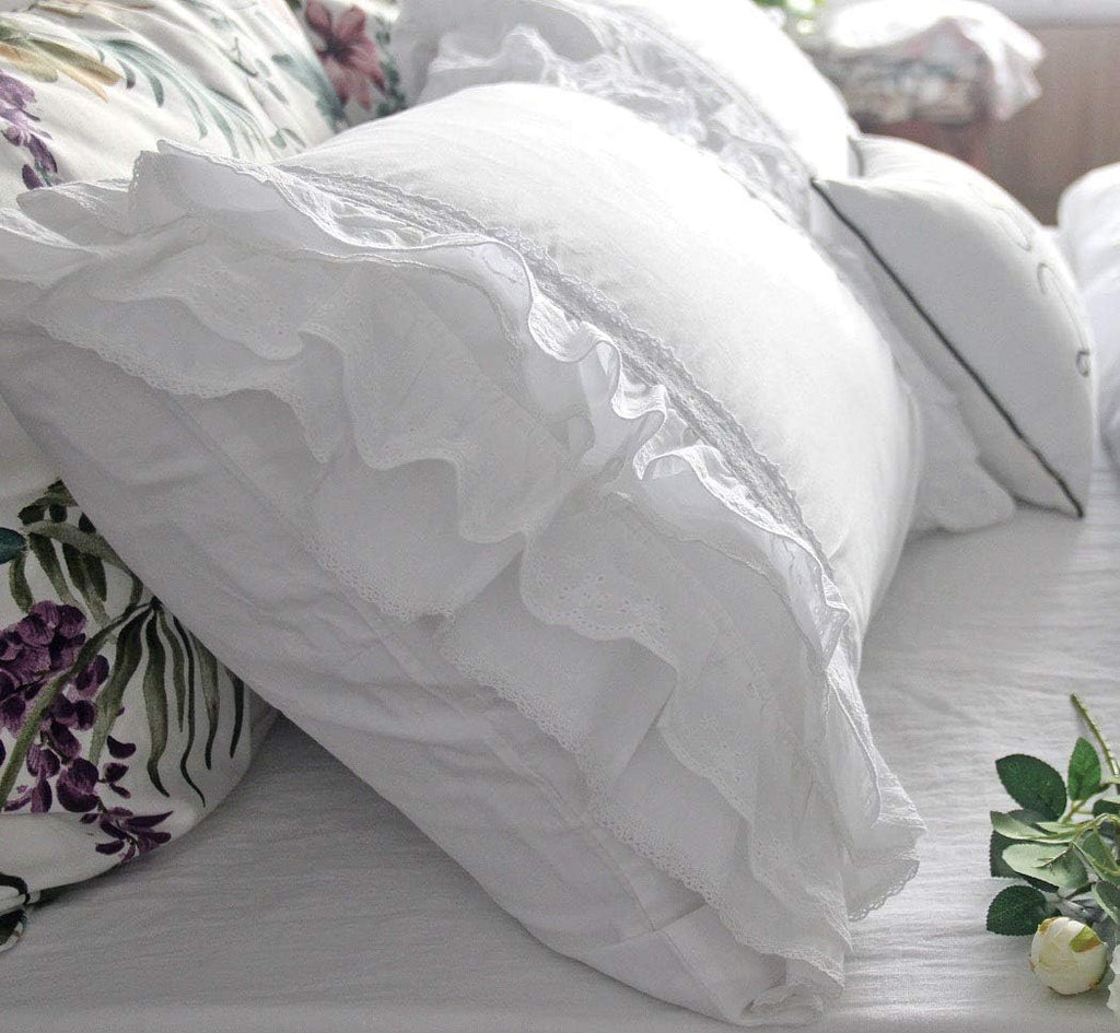 QSH Luxury Eyelet Lace Ruffle Sheets Set King Size French Country Bedding 100% Washed Cotton Shabby Bed Sheet 4pcs Deep Pockets Ruffled Bed Sheets