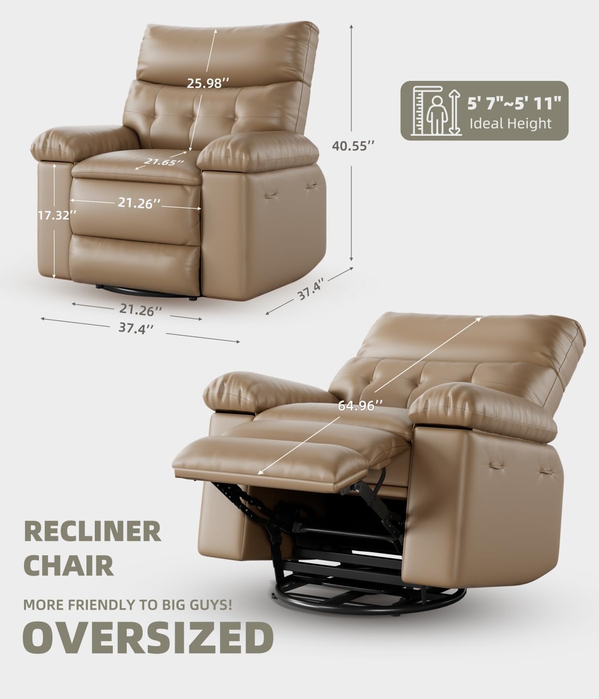 GarveeHome Recliner Chair, 360° Swivel Rocker Recliners with Heat & Massage, Soft Lazy Boy Recliner Chair with 2 Cup Holders and Side Pocket for Living Room Bedrooms and Nurseries (Modern, Tan)