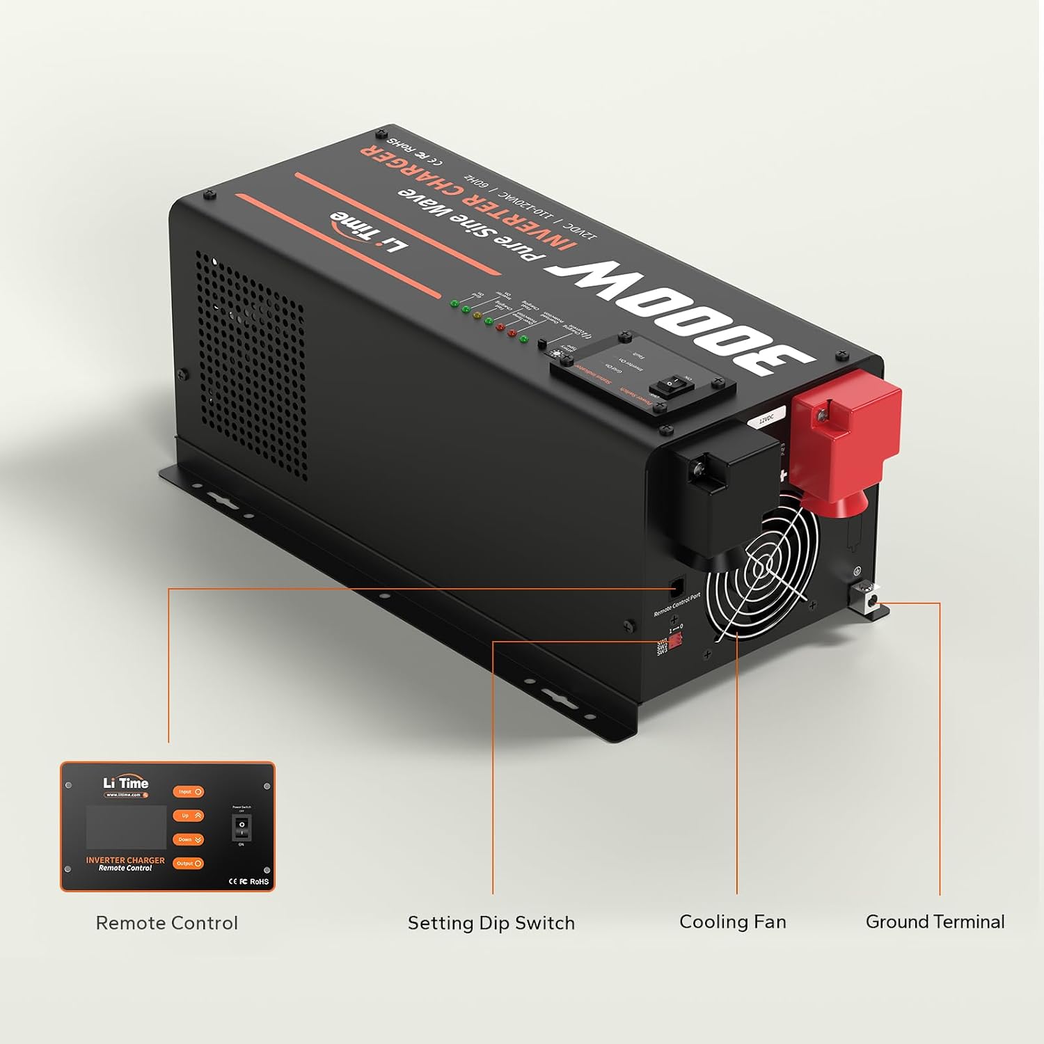 LiTime 3000W Inverter Charger, Pure Sine Wave Inverter 12V DC to 120V AC, 9000W Peak Power, UPS Function, 5A - 45A Adjustable Current, LCD Remote Control for RV, Home Backup, Truck, Boat
